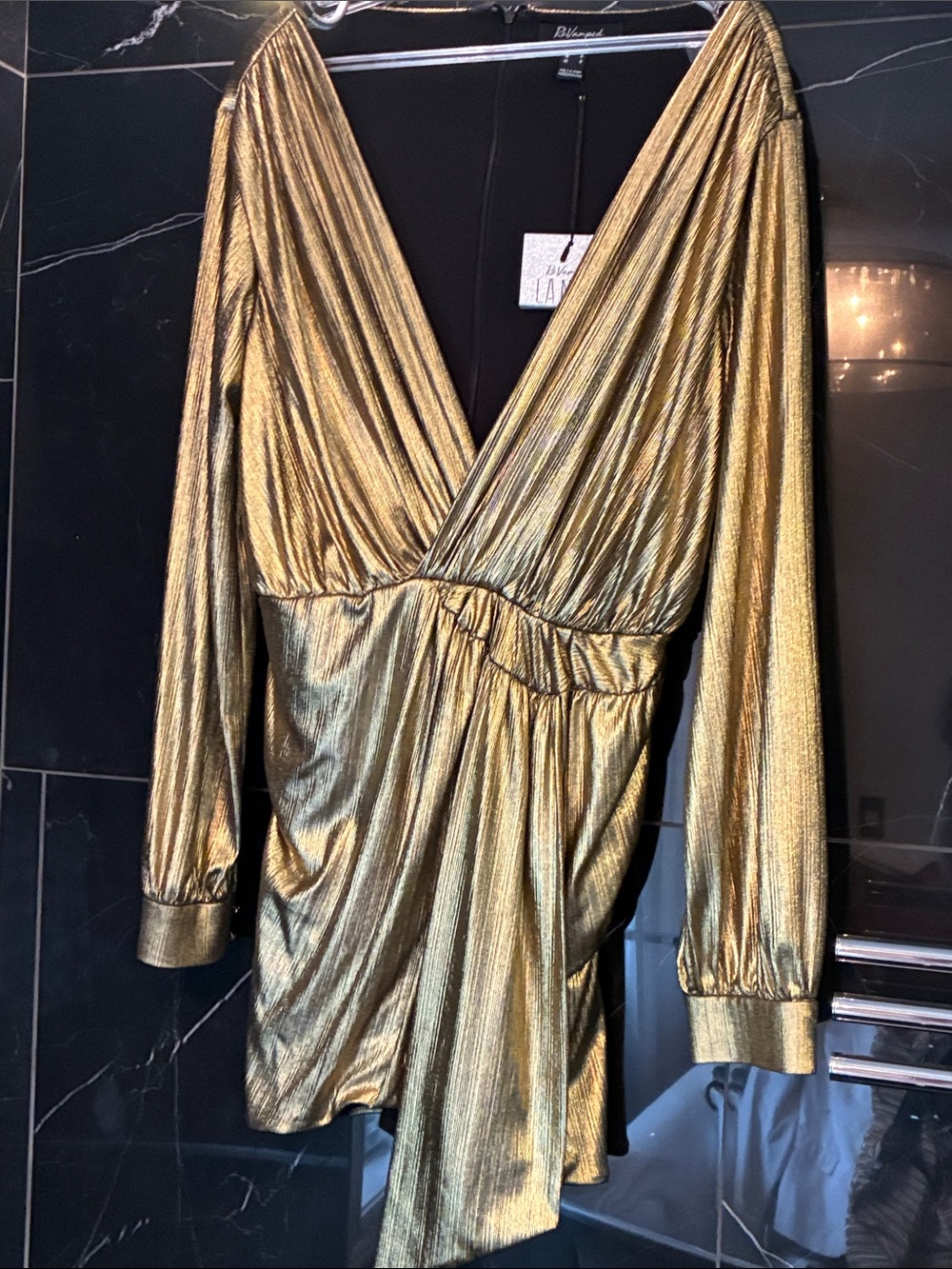 Gorgeous Metallic Gold Mini Dress – Long Sleeve & V-Neck